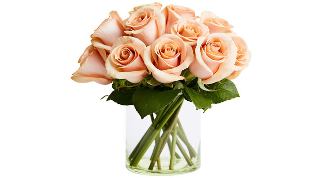 Peach roses bouquet in a clear glass vase, isolated on transparent background