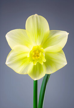 Spring renewal and easter celebration, single yellow daffodil flower blooming with fresh green stems on a soft grey background for seasonal design