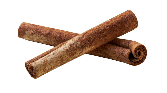 Two dried cinnamon sticks crossed, isolated on transparent background