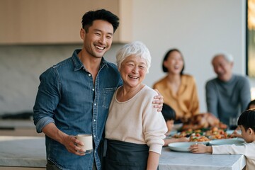 Obraz premium Adult son and elderly mother embracing at thanksgiving kitchen table with family and festive feast for holiday background and lifestyle portrait