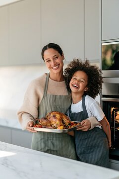 Mother and daughter holding roasted turkey for thanksgiving family celebration in modern kitchen