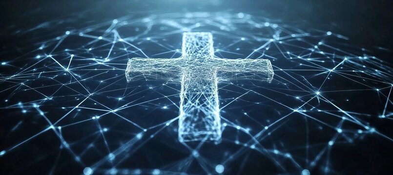 Abstract Digital Healthcare Network Concept With Glowing Cross Symbol And Connected Mesh Interface