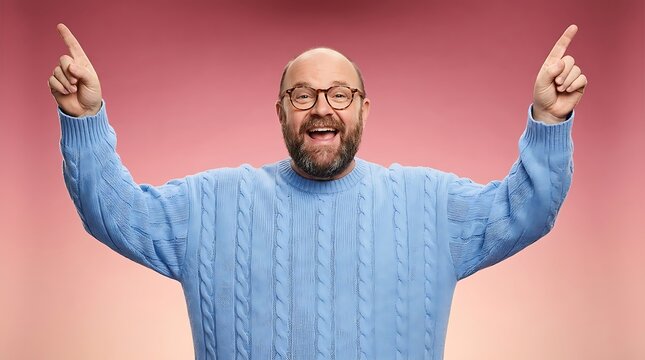 Happy bearded man in blue sweater celebrating with arms raised on pink background