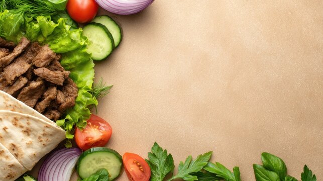 A vibrant arrangement of fresh vegetables and grilled meat on a textured background