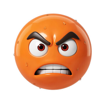 3D render of an angry orange emoji face with furrowed brows and gritted teeth showing frustration and aggression isolated on a transparent background
