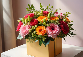 Naklejka premium Floral gift and celebration, colorful bouquet of roses and gerbera daisies in a golden box for birthday anniversary or romantic surprise on a table