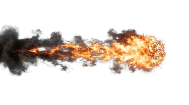 Bright orange fire flame ball with thick black smoke trail moving fast