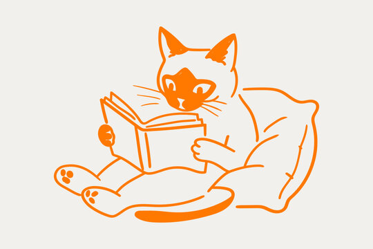 Hand Drawn Cat Reading a Book While Relaxing in Orange Line Art