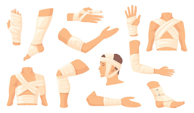 Bandaged body. Bandage applying, arm hand leg fracture injured wound broken aid first plaster elastic knee finger human medical accident pain wrap surgery neat vector illustration