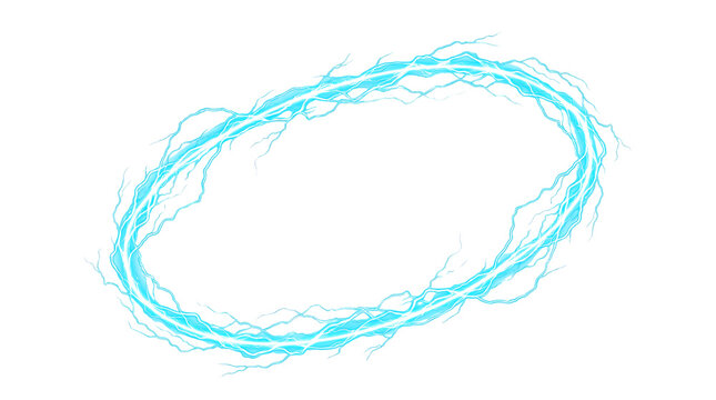 A circular frame made of bright blue electric lightning bolts and crackling energy sparks isolated on a black background, for overlays isolated on a transparent background