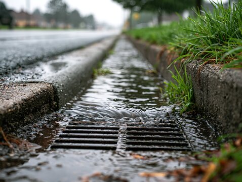 Rainwater Flowing Through Urban Drainage Grate