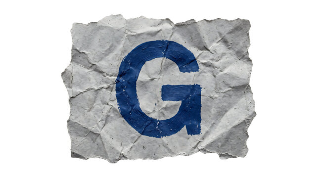 A crumpled piece of white paper with a large blue letter g painted in the center isolated on a solid black background for isolated on a transparent background