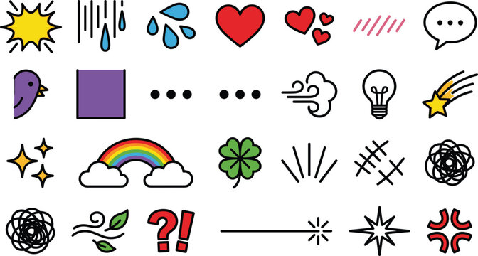 Comic Book Expression and Manga Effect Vector Icon Set with Weather, Emotion, Mood, and Pop Art Symbols for Graphic Design