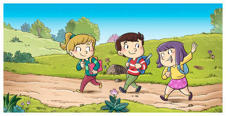 Obraz premium Scene of kids walking through the countryside, children's illustration