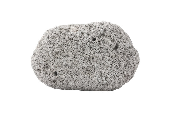 Single gray porous pumice stone, a lightweight volcanic rock with many small holes, isolated on a clean white background