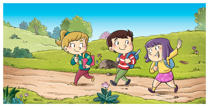 Scene of kids walking through the countryside, children's illustration