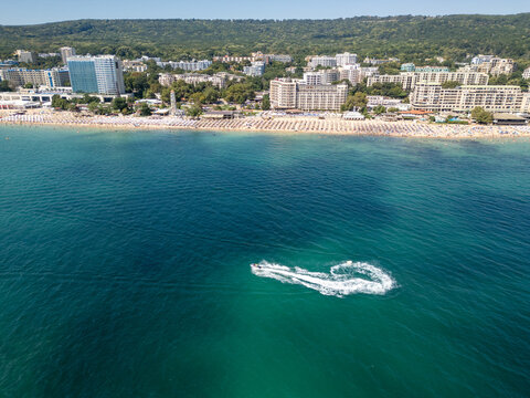 Aerial View of Golden Sands Beach and Resort Coastline in Bulgaria