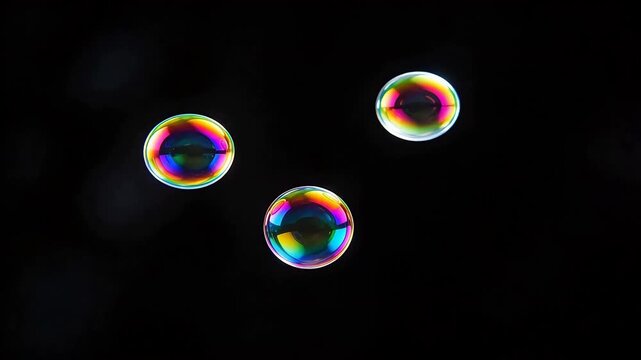 Three iridescent soap bubbles
