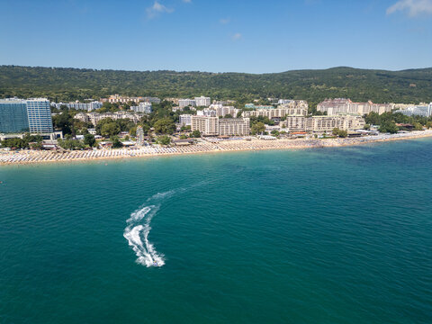 Aerial View of Golden Sands Beach and Resort Coastline in Bulgaria