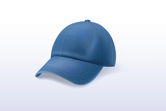 Denim cap. Realistic baseball caps, jeans hat mockup template blue uniform fashion headwear summer casual headgear cloth sun protection visor, 3d isolated exact vector illustration