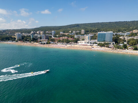 Aerial View of Golden Sands Beach and Resort Coastline in Bulgaria