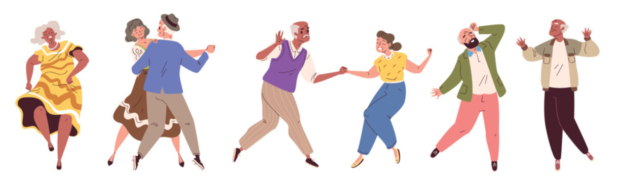 Old people dancing. Senior couple dance, elder dancer music party adult man happy elderly woman joy active fun together retired grandparent celebration classy vector illustration