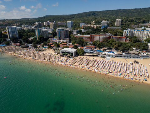 Aerial View of Golden Sands Beach and Resort Coastline in Bulgaria