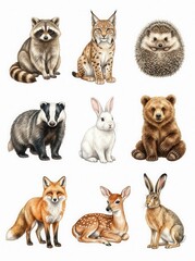 Fototapeta premium Forest Animals Illustration Set Isolated on White - Raccoon, Lynx, Hedgehog, Badger, Rabbit, Bear, Fox, Fawn, Hare