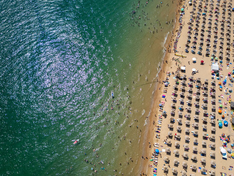 Top Down Aerial View of Crowded Golden Sands Beach in Bulgaria