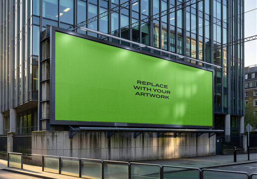 Large outdoor billboard mockup with placeholder screen mounted on a modern glass office building, urban street scene concrete base and metal railings, Template
