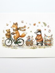 Fototapeta premium Whimsical Watercolor Illustration of a Fox on a Bicycle with Badger and Mouse Friends in an Autumn Forest Scene