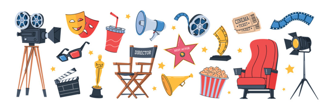 Cartoon cinema elements. Movie entertainment industry stickers, oscar statue drama hollywood actor awards film production video tv camera, doodle qualitative vector illustration
