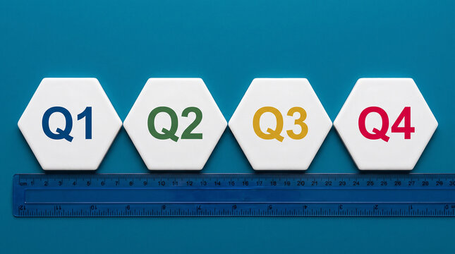 Q1 Q2 Q3 Q4 colorful dice on blue background representing business quarterly plan and financial year timeline