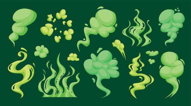 Green gas smoke. Stink smell bad odor toxic cloud fart poison breath steam mist stench fume vapor dirty rotten effect stinky nasty pungent pollution qualitative vector illustration