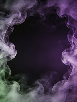 Halloween purple green background with Wisps of white smoke curl on the sides, wizardly, magical, witchy mood