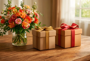 Naklejka premium Celebration and gift giving, wrapped presents with ribbons and a fresh flower bouquet on a wooden table for birthday anniversary or holiday surprise