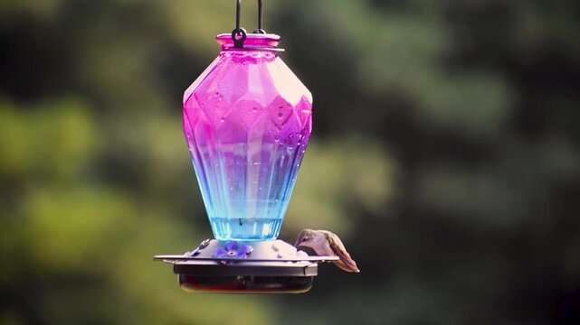 Hummingbird feeding of of a glass feeder in soft early sunlight