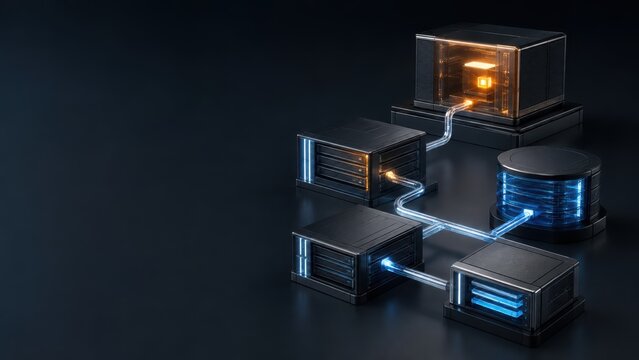 Futuristic 3D render of server infrastructure and data storage network with glowing fiber optic cables on dark background