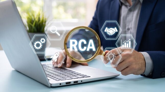 Businessperson analyzing laptop with root cause analysis icons with businessperson sits desk problem solving laptop examines investigation with Professional