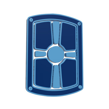 Isolated 3d render of a metallic blue shield with geometric patterns transparent background
