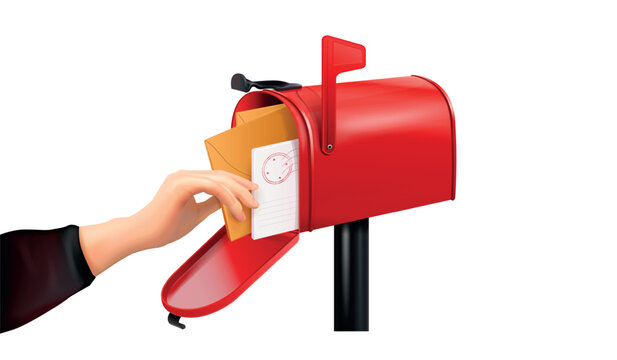 Realistic hand mailbox. 3d hands put letter envelope postbox, open mail box letters package mailman arm taking paper message letterbox post office postal exact vector illustration
