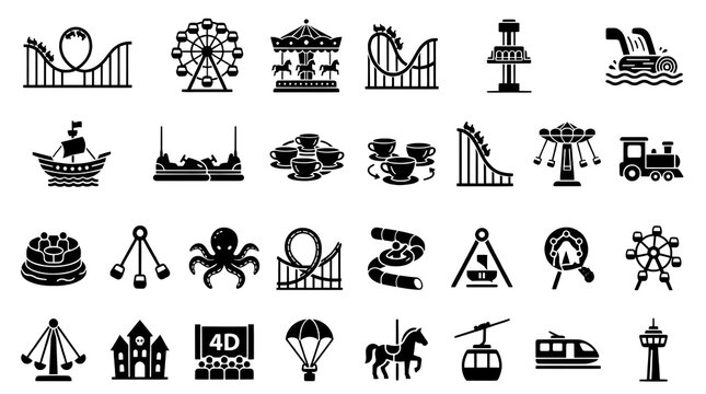 Amusement park ride icons set in black and white silhouette vector design with theme park roller coaster ferris wheel carousel icon