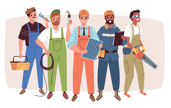 Repairman team. Man woman worker, builder engineer plumber electrician carpenter construction helmet tool equipment maintenance repair work people job, classy vector illustration