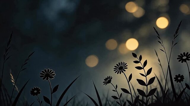 Silhouettes of flowers and grass against blurred lights