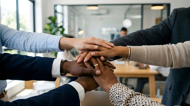 Multicultural Team Stacking Hands for Unity and Collaboration