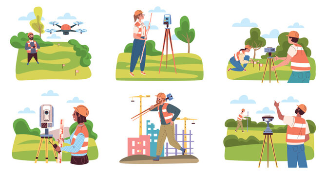 Surveyor. Construction site engineer worker land theodolite measuring equipment woman survey instrument pole topography precision stick building industry classy vector illustration