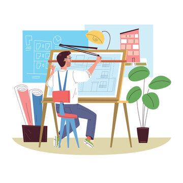 Architect office work. Engineer drawing construction plan design, blueprint draft building city interior technical project sketch work table desk ruler classy vector illustration