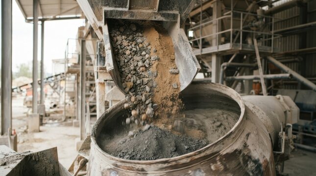 Batch plant hopper feeding stone, slag powder, and sand into a concrete mixer for low carbon binders