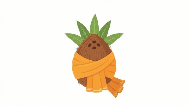Coconut decorated with vibrant green leaves and wrapped in a traditional orange cloth, symbolizing auspicious festive offerings and spiritual rituals on a clean white background.