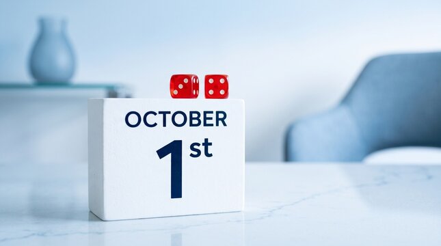 October first is prominently displayed on a calendar block with red dice showing a one against a serene light blue interior backdrop